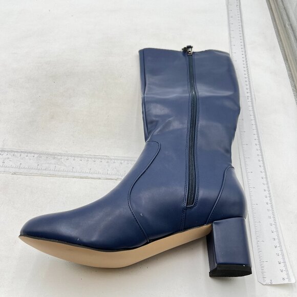 Blue Women Almond Toe Knee High Boot Chunky Heel Zip Up Daily Work Dress Shoes - Picture 3 of 7